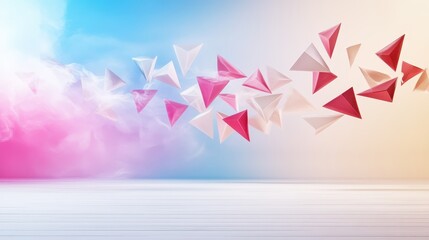 Colorful Abstract Triangles with Soft Clouds and Gradient Background in Pink and Blue Hues