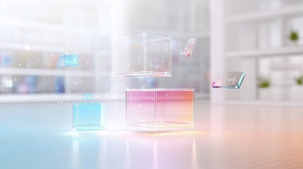 Transparent geometric shapes floating in a bright modern interior showcasing creativity and design possibilities