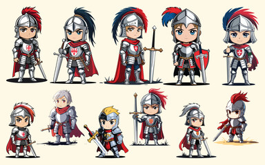 chibi characters bundle medieval knight and armored warrior figures set