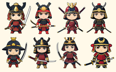 chibi characters bundle ancient samurai and japanese warrior figures set
