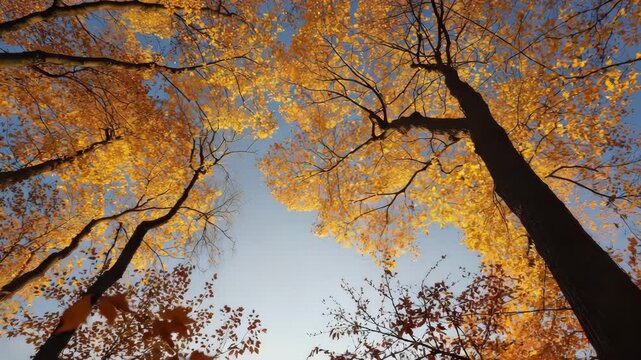 yellow autumn leaves hanging from tree branches glowing in sunlight, peaceful close-up nature video perfect for fall season themes or background visuals