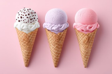 A minimalist flatlay of three ice cream cones on pastel pink background