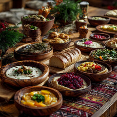 Fototapeta premium Diverse wooden bowls holding various foods on a rustic table.