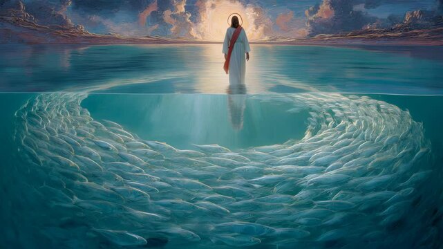 Jesus walking above while fish swim below in perfect formation creating halo patterns