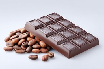 Fototapeta premium A mountain of cocoa beans with a fresh chocolate bar in front