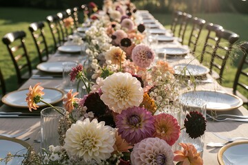Elegant Outdoor Wedding Table Setting with Lush Floral Centerpiece in Sunlight