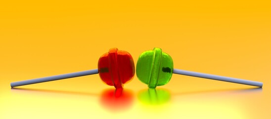 red and green lollipops isolated on a yellow infinite floor 3DCG illustration