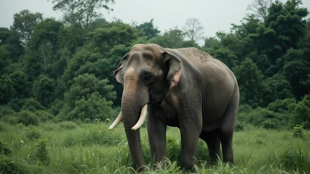 Asian elephant in lush green field with raised trunk. High-resolution wildlife photo of expressive elephant. Serene elephant in forested environment with overcast sky.