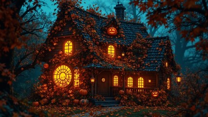 Haunted House with Pumpkin Decor and Fall Leaves - AI Halloween Image