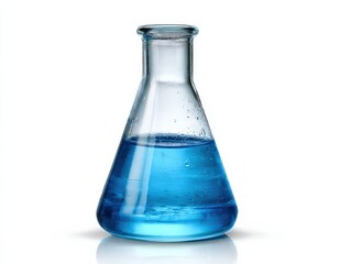 A clear Erlenmeyer flask filled with a vibrant blue liquid.  Scientific experiment concept.