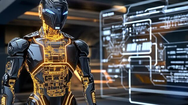 Futuristic humanoid robot with a digital interface, embodying advanced technology and innovation. The robot is set in a modern tech environment