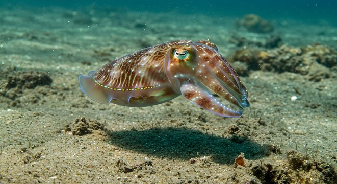 A cuttlefish swimming in the ocean with a sandy bottom and rock formations behind it