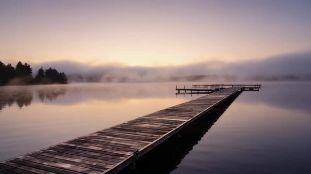 wooden dock stretching into calm foggy lake at sunrise with soft warm light and peaceful water reflections, perfect for meditation, relaxation, or nature backgrounds
