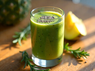 a thick green smoothie with spinach, mango, and chia seeds