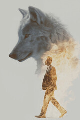 Double exposure photograph of a wolf's head and a businessman on fire walking calmly