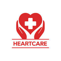 Fototapeta premium Heartcare Logo Design Red Heart Hands Cross Medical