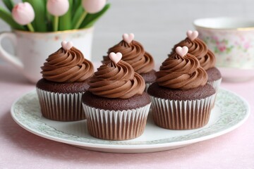Chocolate cupcakes with frosting swirls and tiny chocolate hearts