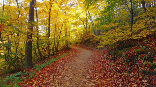 colorful autumn path in the forest with golden leaves on the ground and sunlight shining through trees, peaceful scene for relaxation, travel, or seasonal video use