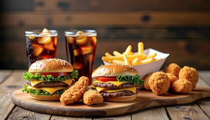 Delicious fast food spread featuring burgers, fries, and a cold drink in a casual 