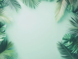 Fototapeta premium Tropical Palm and Monstera Leaves Frame on Mint Background Flat Lay Minimalist Style for Summer Designs