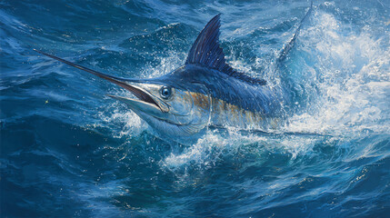 marlin cutting through blue water