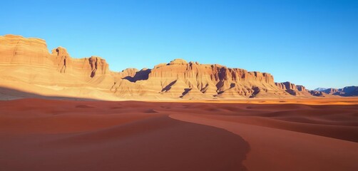 Fototapeta premium Vast red sand desert meets rocky mountains under a clear blue sky , heat, empty