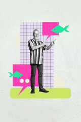 Vertical poster collage of happy girl guy hold laptop type message fish icon communication...