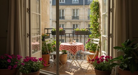 Charming Parisian balcony with potted plants and outdoor dining setup overlooking historic cityscape