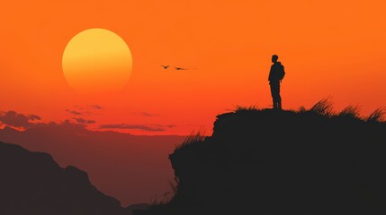 Silhouette of business male stand and feel happy on the most hight at the mountain on sunset, success, leader, teamwork, target, Aim, confident, achievement, goal, on plan, finish,