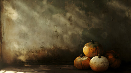 Rustic Pumpkins on Wooden Surface with Textured Wall Background