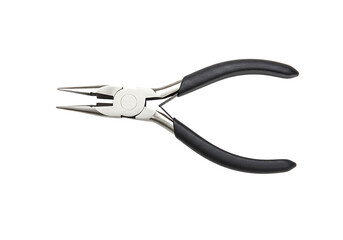 Obraz premium Needlenose pliers with black handles and serrated jaws angled view