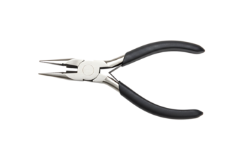 Needlenose pliers with black handles and serrated jaws angled view