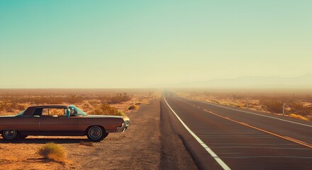Vintage Car on a Deserted Highway A Journey into the Vastness of the Desert Landscape