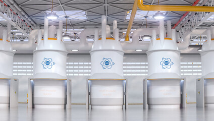 concept of a SMR small modular nuclear reactor power plant on a sunny day. SMR is a future energy concept. 3d rendering.