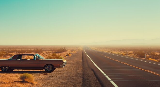Fototapeta Vintage Car on a Deserted Highway A Journey into the Vastness of the Desert Landscape