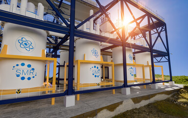 concept of a SMR small modular nuclear reactor power plant on a sunny day. SMR is a future energy concept. 3d rendering.