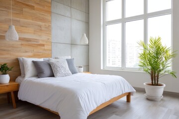 Fototapeta premium Bright bedroom with neutral tones and cozy bedding, bedroom feels calm and natural, bedroom scene ideal for interior design use