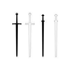 Medieval Sword Silhouettes and Outline Vector Set Vintage Knight Weapon Icons Collection on White Background