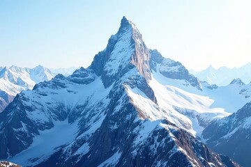 Snow-covered mountain peak, pristine white sky, high angle, image