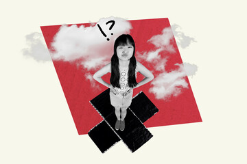 Creative pop poster sketch art collage of minded girl stand cross icon exclamation question mark...