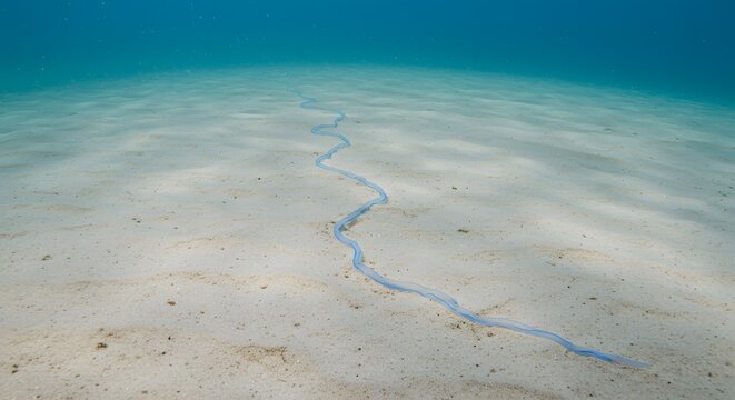 A ribbon worm lying on the sandy ocean floor under clear turquoise water surface view