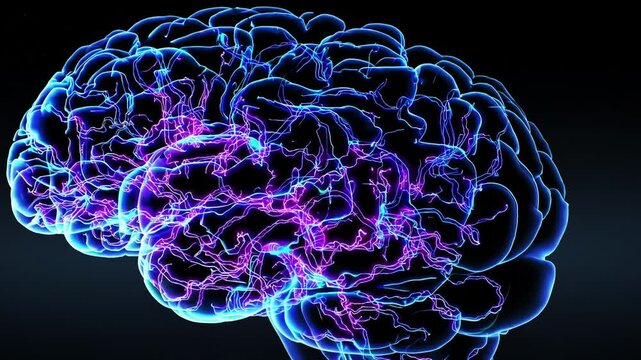 Futuristic Digital Brain Animation: Glowing Blue Neural Pathways & Synapses on Dark Background, Side View - Advanced AI, Neuroscience, Medical Tech & Innovation Concept