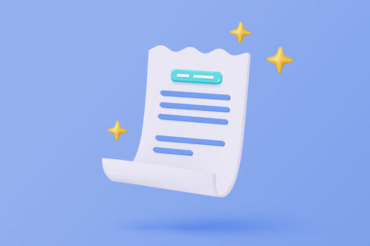 3D bill icon for payment transaction with notice. paper receipt for shopping offer in store. Business invoice bill expenses idea concept. 3d invoice list icon vector render illustration