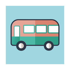Colorful flat design illustration of a bus with a teal and pink color scheme.