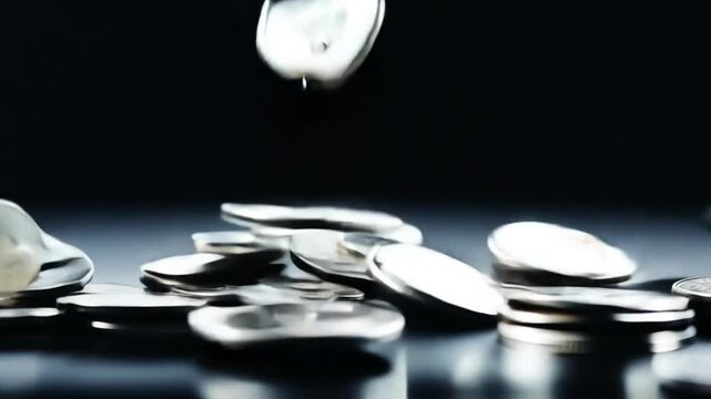 Falling silver coins on green screen