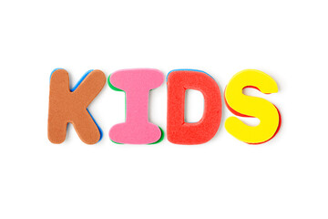 Colorful foam letters word KIDS photography isolated on white background.