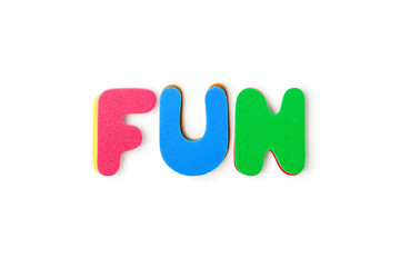 Colorful foam letters word FUN photography isolated on white background.