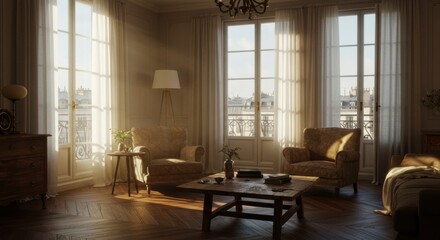 Sunlit Parisian Living Room with Classic Decor and Cozy Atmosphere