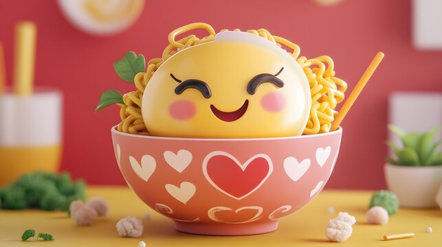 Smiling food emoji in a bowl of noodles.