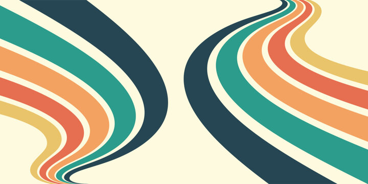 Fototapeta Abstract colorful 70s background vector. Vintage retro wallpaper with rainbow stripes and wavy lines.